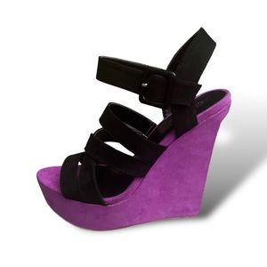 Qupid Bonnie - Purple and Black Strappy Wedges